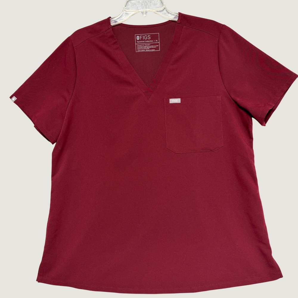 FIGS Technical Collection Burgundy V-Neck Scrub Top XL Short Sleeve Chest Pocket